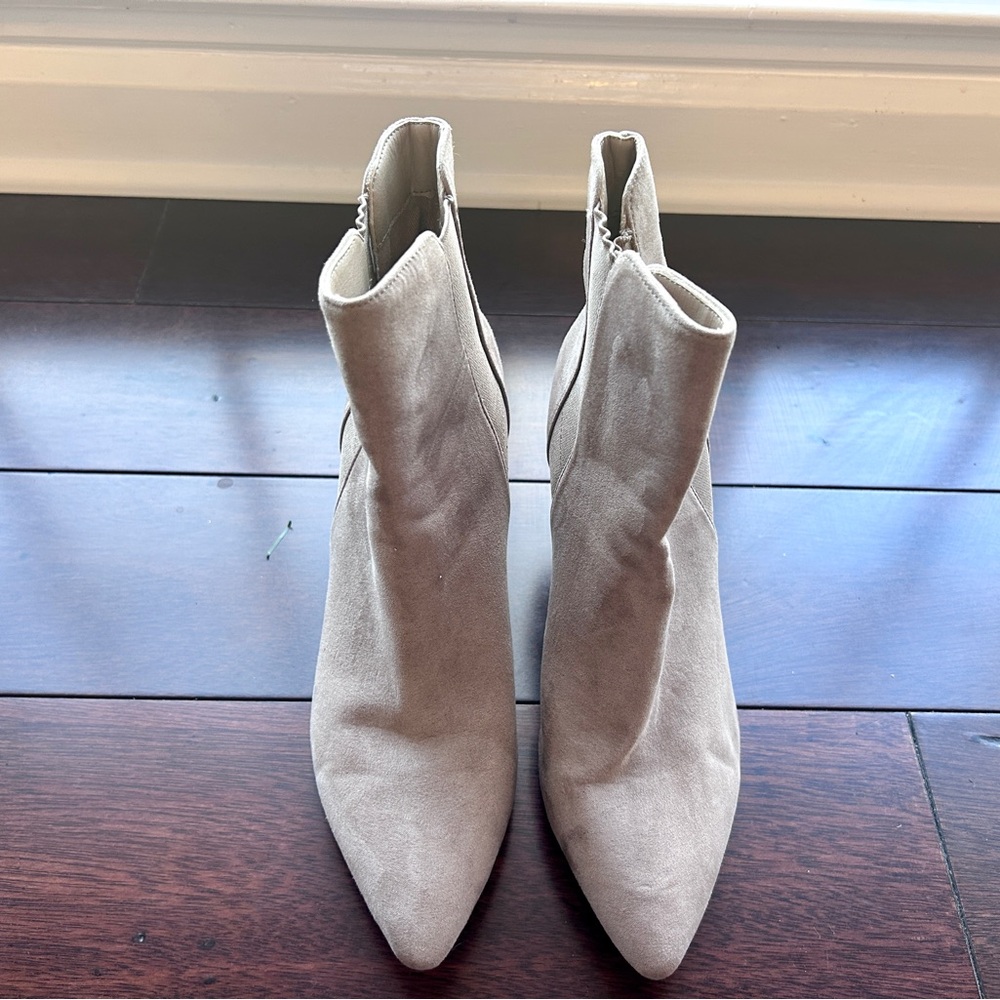 Taupe Suede Pointed Toe Heeled Ankle Boots